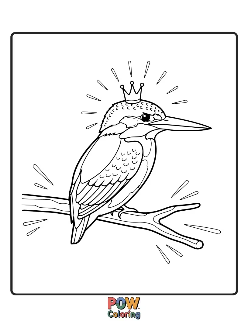 Free coloring page of A radiant KingFisher bathed in a soft, golden light, its feathers shimmering with warmth.