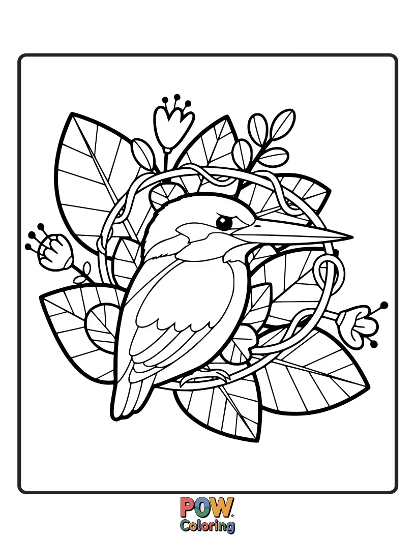 Free coloring page of A shy KingFisher peeking out from behind a large, stylized leaf, its bright colors a surprise.