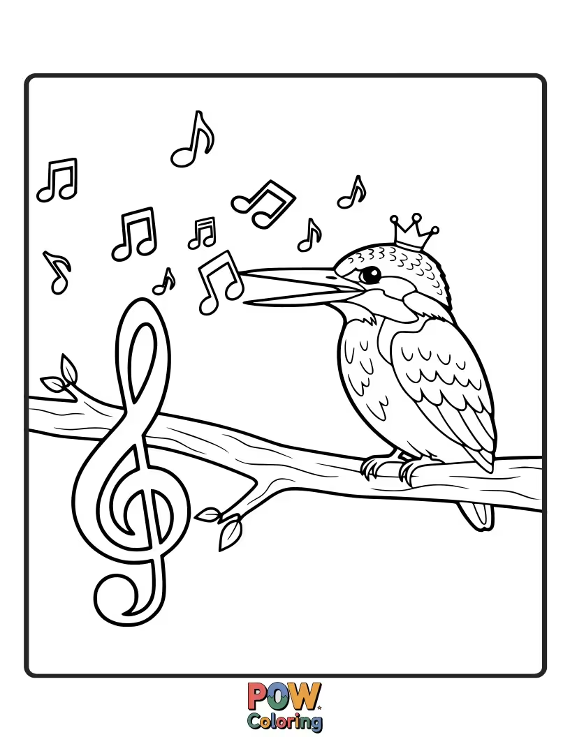 Free coloring page of A musical KingFisher with simple musical notes flowing from its beak as it sings a sweet tune.