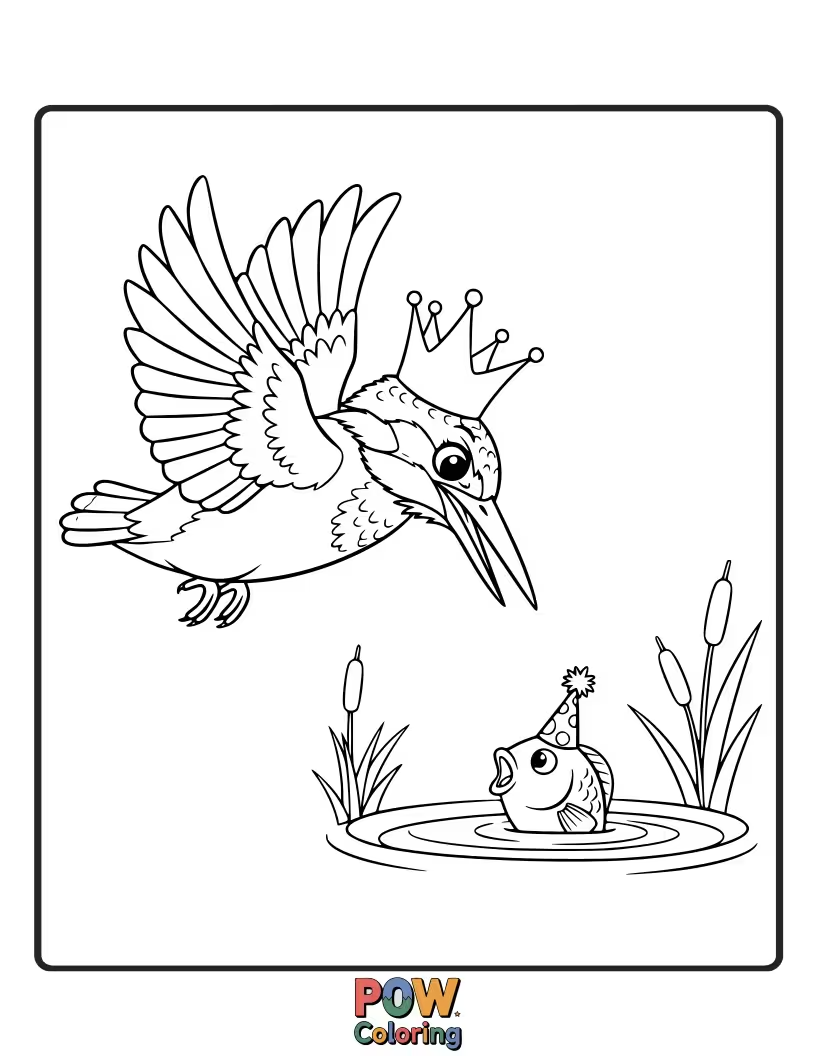 Free coloring page of A cute KingFisher in a dynamic, playful pounce towards an unseen, fun target in the water.