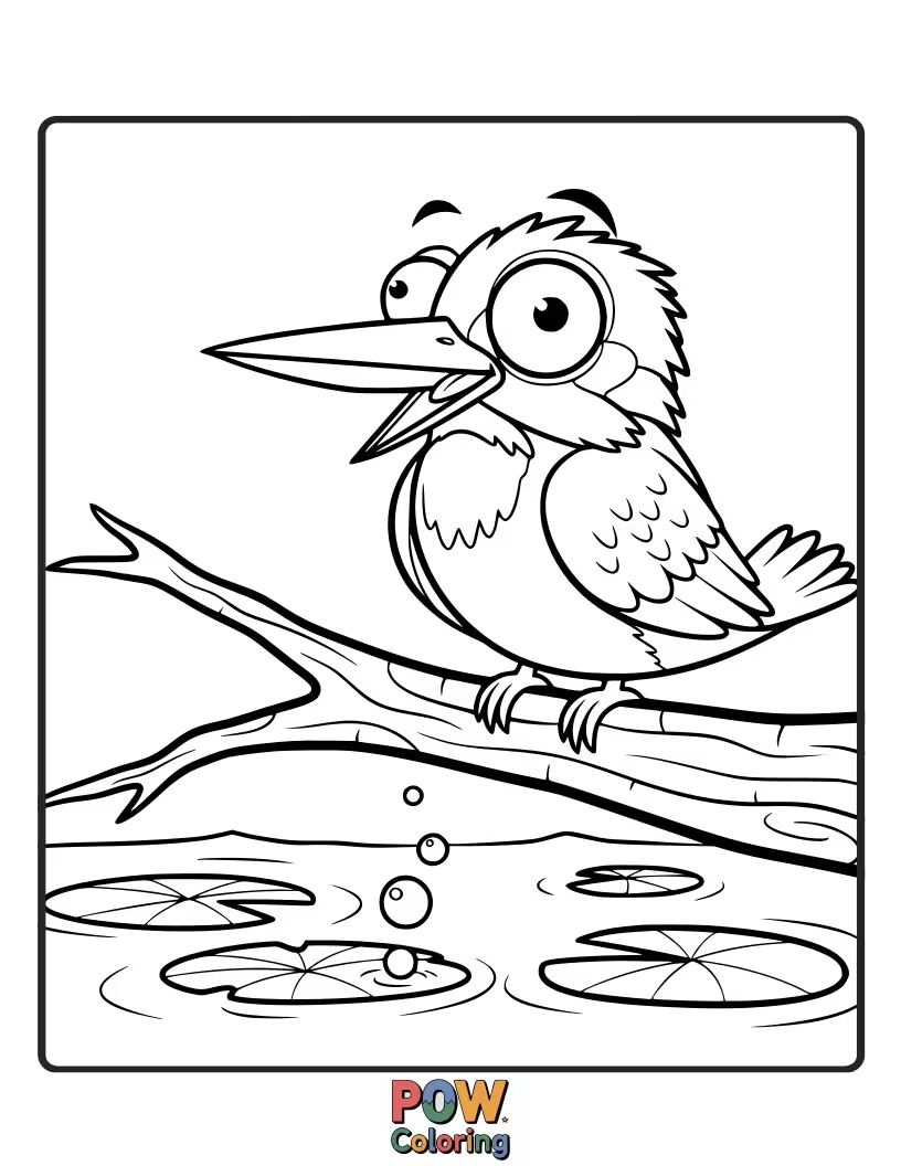 Free coloring page of A funny KingFisher with wide, bug-like eyes, giving a hilariously goofy and curious stare.