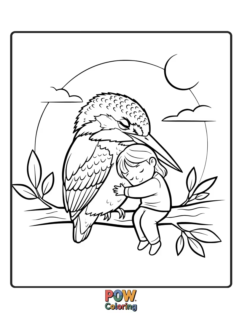 Free coloring page of A unique KingFisher curled up and hugging a tiny, fluffy cloud for a cozy dream.
