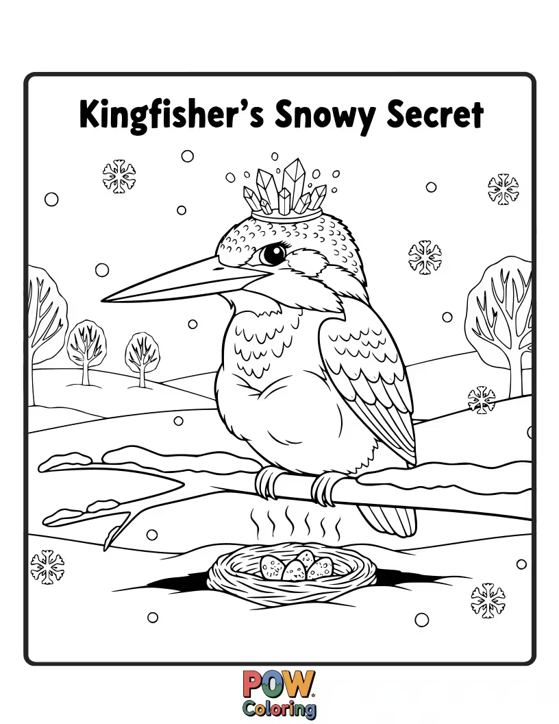 Free coloring page of A unique KingFisher with soft, fluffy snow clinging to its bright feathers, nestled in a winter wonderland.
