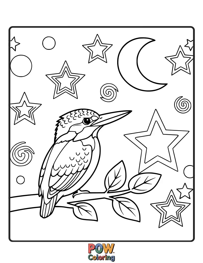 Free coloring page of A mystical KingFisher silhouetted against a sky filled with simple, twinkling stars and a crescent moon.