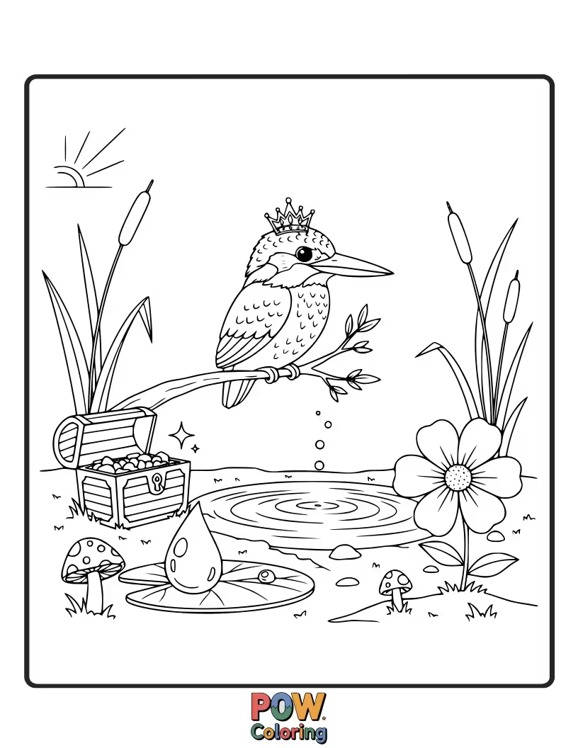 Free coloring page of A KingFisher carefully examining a small, shiny pebble, its curiosity evident in its posture.