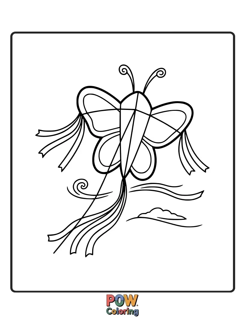 Free coloring page of A cheerful butterfly with kite-shaped wings, being carried along by a playful gust of wind. High up!