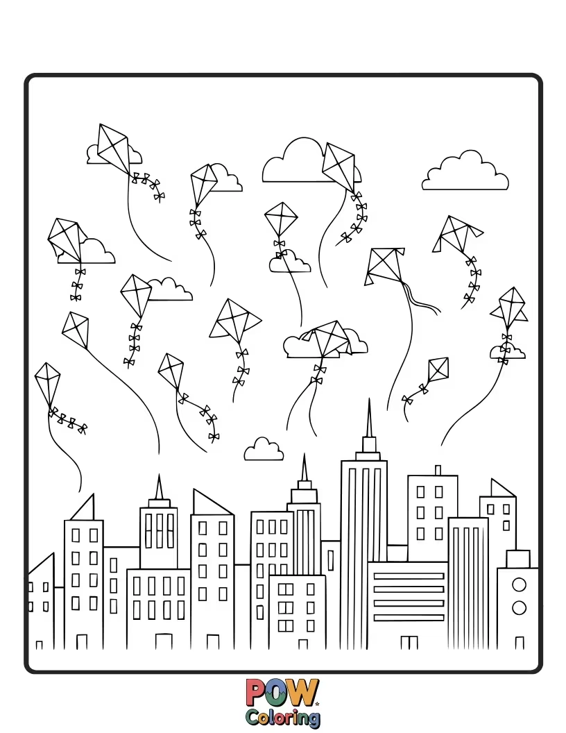 Free coloring page of A city with buildings featuring numerous colorful kites flying from rooftops and balconies. A breezy, playful urban setting.