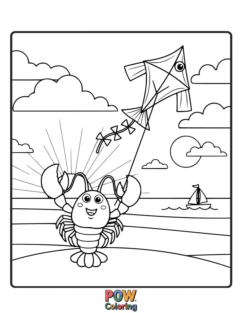Free coloring page of A joyful lobster on the beach, skillfully flying a colorful kite that dances in the ocean breeze.