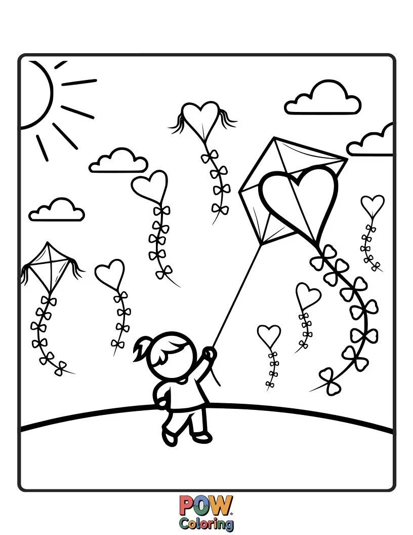 Free coloring page of Kites with heart-shaped tails soaring high in the sky, with a whimsical pattern. Joyful outdoor fun.