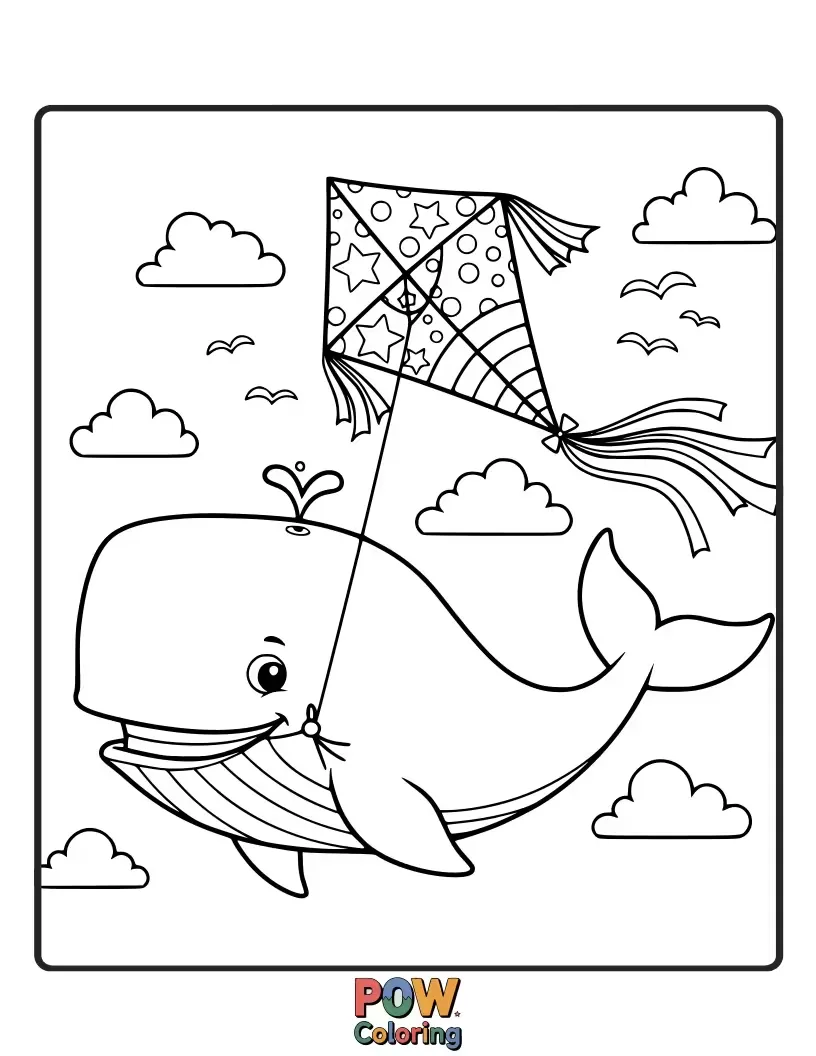 Free coloring page of A happy whale flying a colorful kite on a breezy underwater day, with playful fish swimming nearby.
