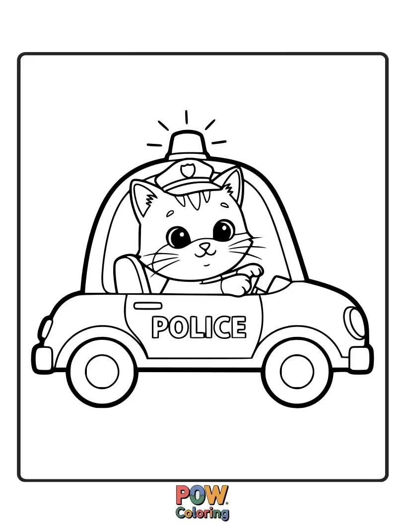Free coloring page of Kitten riding police car, tiny kitten at the wheel, patrolling with adorable curiosity and courage.