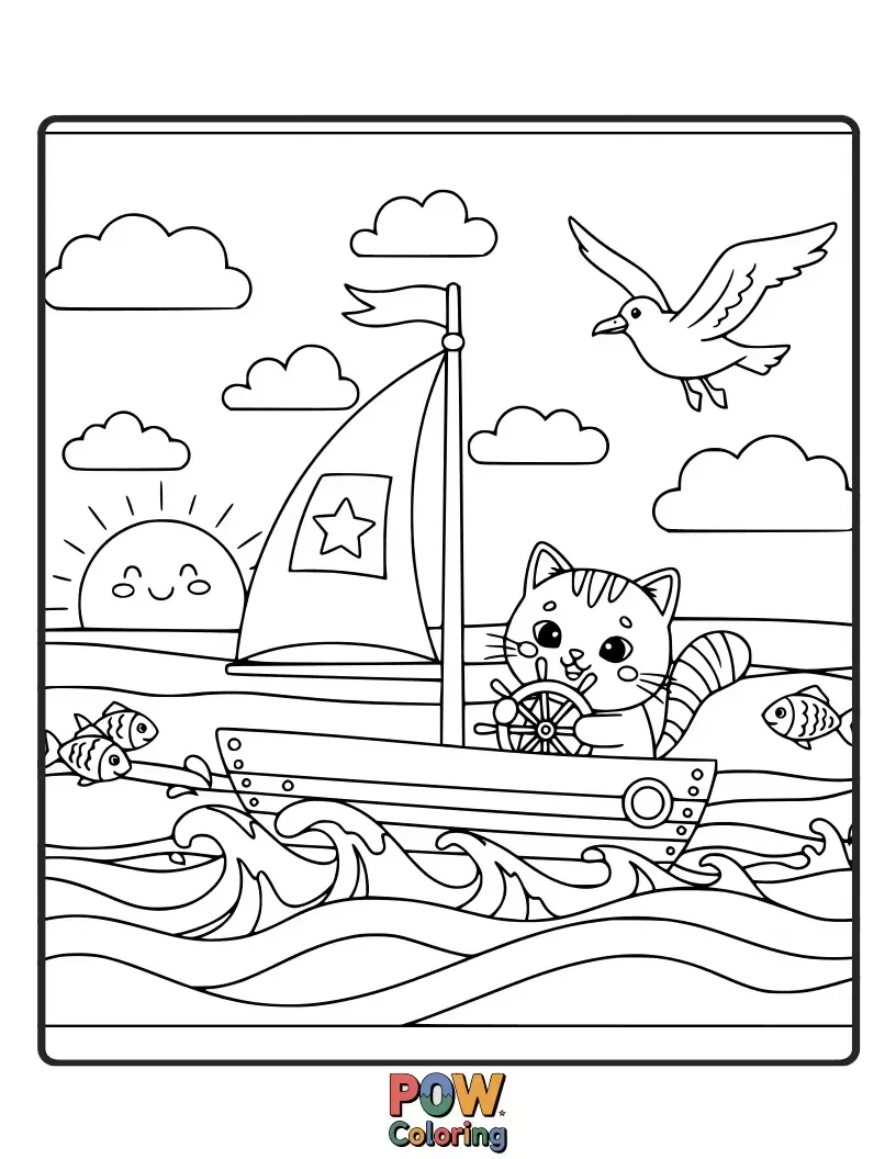Free coloring page of A tiny, brave kitten navigates a sailboat shaped like a fish, exploring bubbly ocean waters with curious sea creatures.