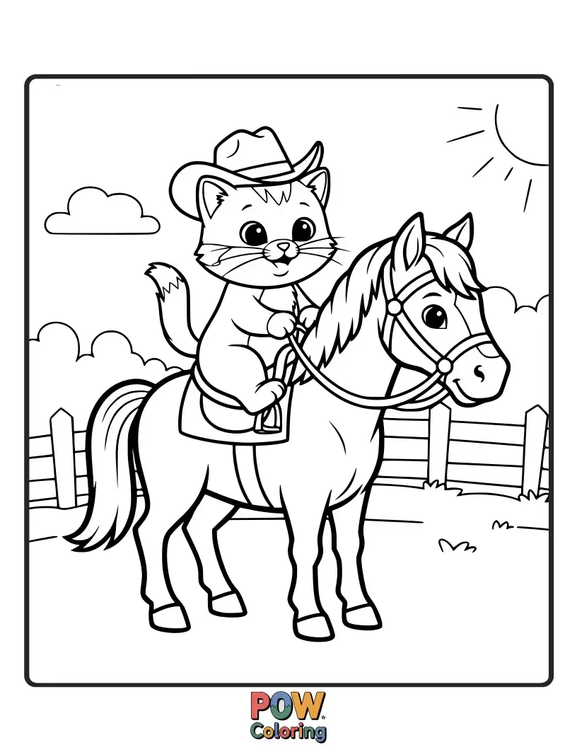 Free coloring page of A tiny kitten bravely riding a gentle, smiling horse through a field of daisies.