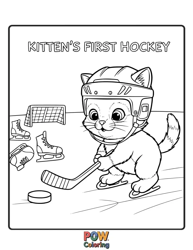 Free coloring page of A tiny, fluffy kitten in oversized hockey gear wobbling on the ice, chasing a yarn ball puck. Adorably clumsy!