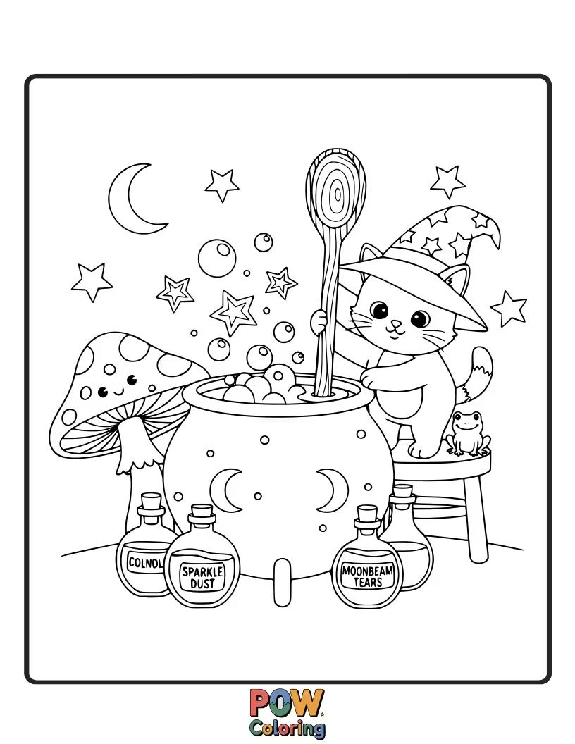 Free coloring page of A tiny, fluffy kitten is excitedly mixing a glowing potion in a cauldron that's almost as big as it is.