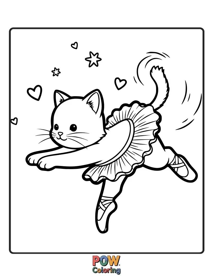 Free coloring page of A fluffy kitten dressed as a ballerina attempts a graceful leap, perhaps a bit wobbly but undeniably adorable.