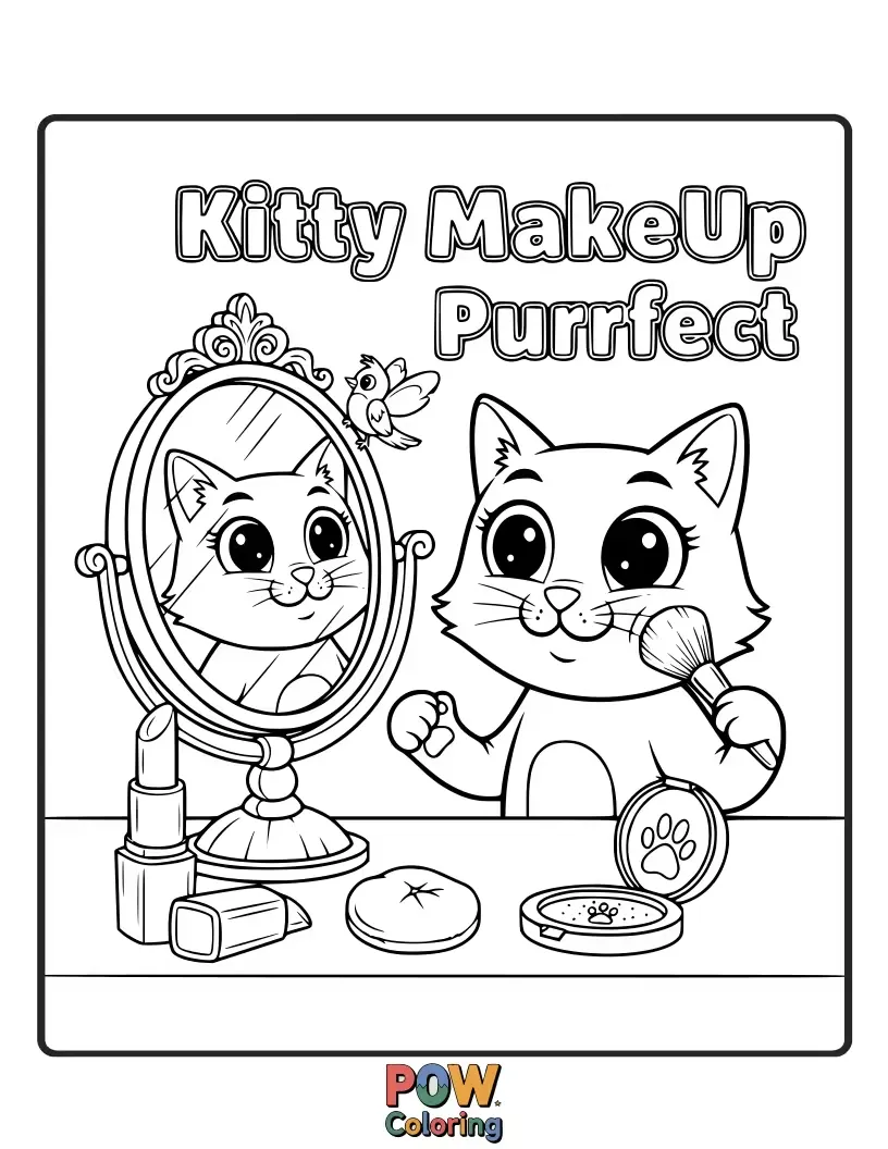 Free coloring page of An adorable cat peeking out from behind a makeup bag, with tiny whiskers painted on. So cute, it's purrfect for coloring.