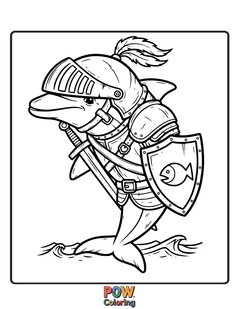 Free coloring page of A brave dolphin dressed in shining knight's armor, ready for a quest.