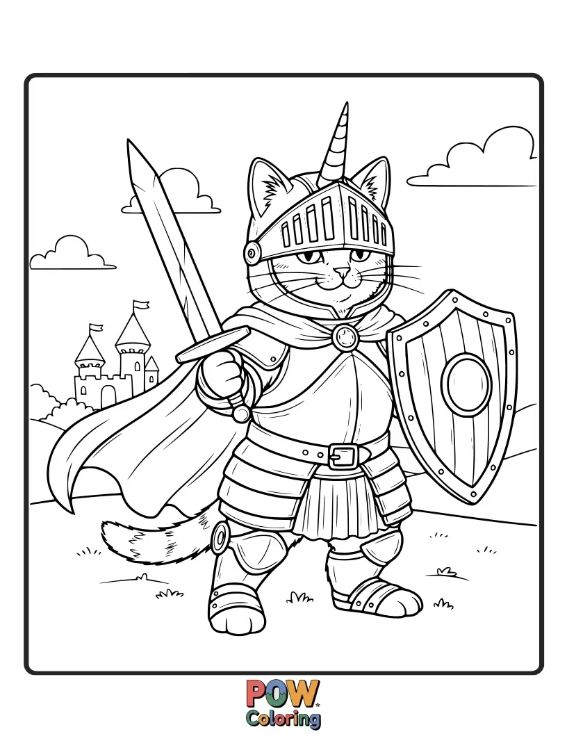 Free coloring page of A brave unicorn cat wearing miniature, shining knight's armor, ready for an epic adventure to protect the candy kingdom.