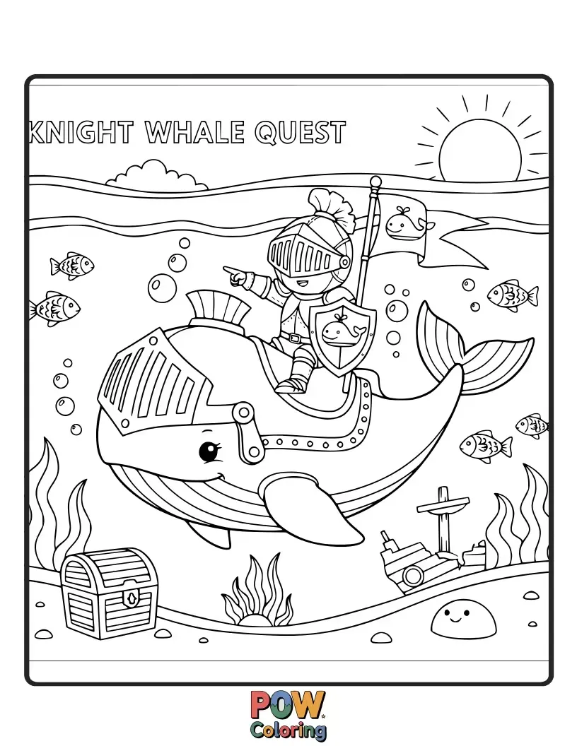 Free coloring page of A noble whale in shining armor, ready to embark on an epic underwater quest with a brave and noble heart.