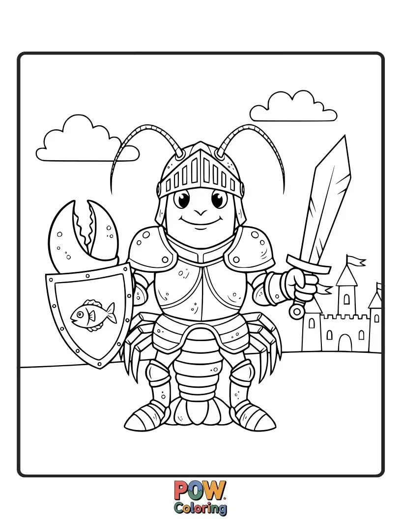 Free coloring page of A noble lobster clad in a shiny suit of armor, ready to defend its underwater kingdom with bravery.