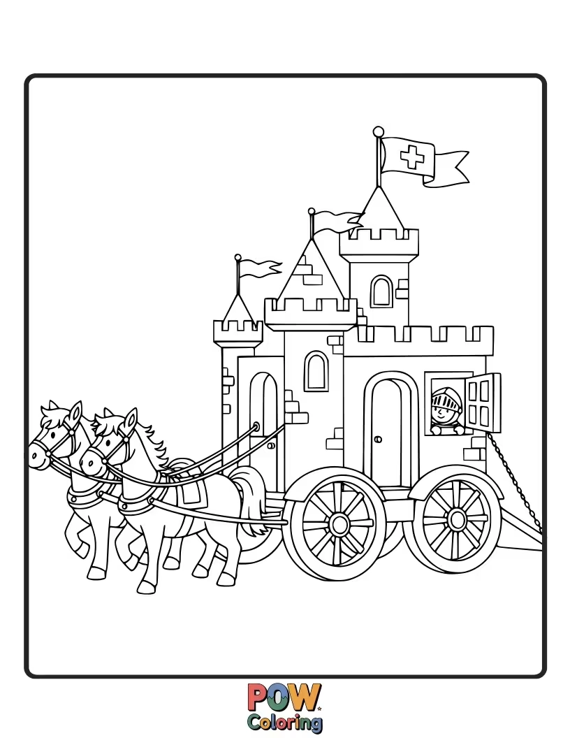 Free coloring page of A strong ambulance designed like a mini castle, ready to rescue brave knights.