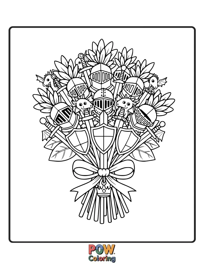 Free coloring page of A strong, vibrant bouquet fit for a hero, with floral shields and sword accents.
