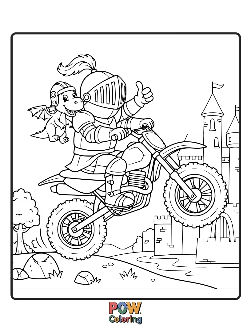 Free coloring page of A medieval-themed dirt bike with armor plating, charging through a castle courtyard.
