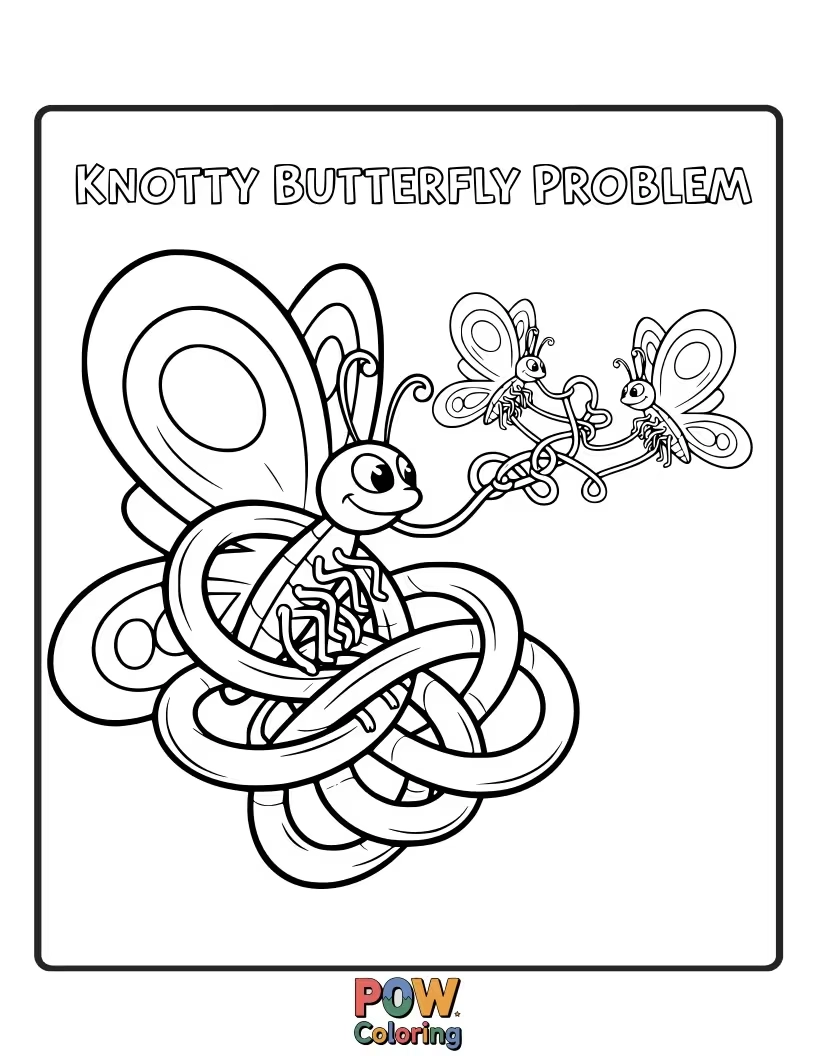 Free coloring page of A confused butterfly with tangled string wings, trying to figure out a puzzling knot. Help needed!