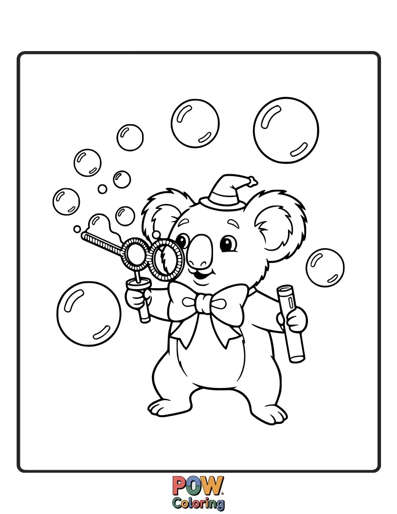 Free coloring page of Concentrating hard, this koala is blowing giant, colorful bubbles, each one reflecting a tiny eucalyptus leaf.