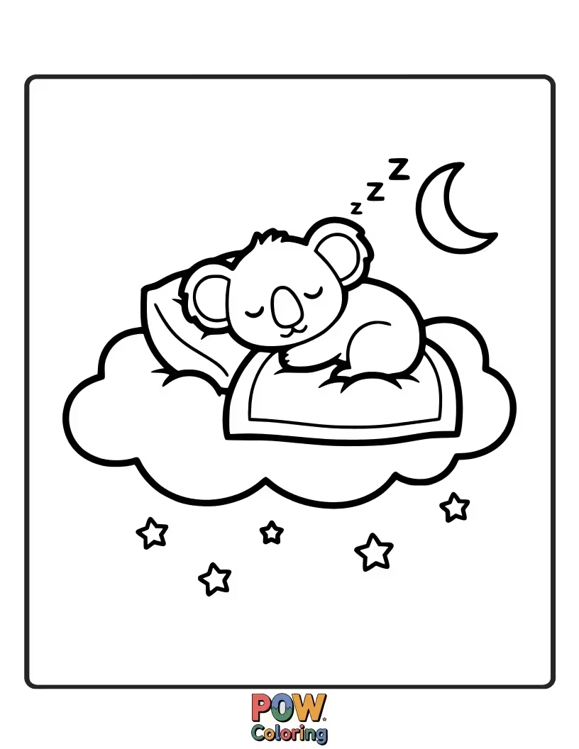 Free coloring page of This sleepy koala is having the best nap ever, floating on a fluffy cloud, dreaming of eucalyptus leaves.