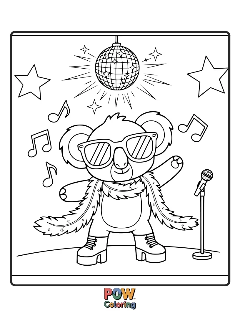 Free coloring page of Grooving to the beat, this koala is ready to hit the dance floor with sparkly disco balls and a microphone.