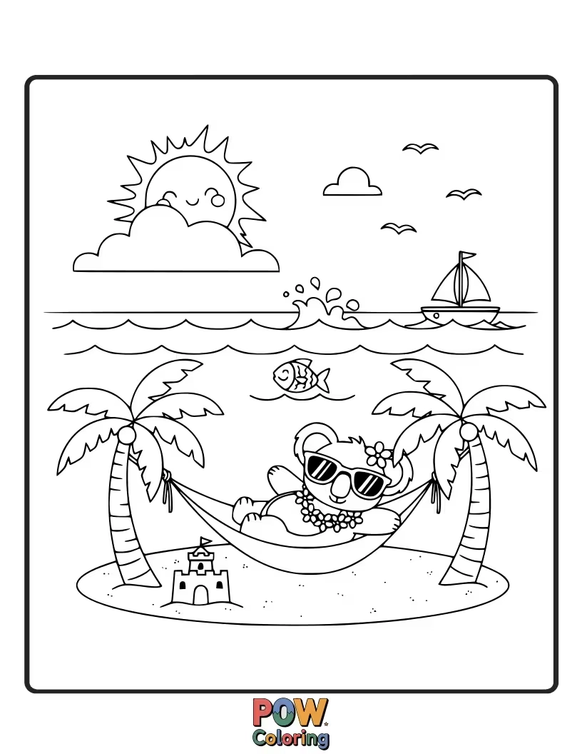Free coloring page of Relaxing on a beach chair under a palm tree, this koala is enjoying a well-deserved vacation, sippin' juice.