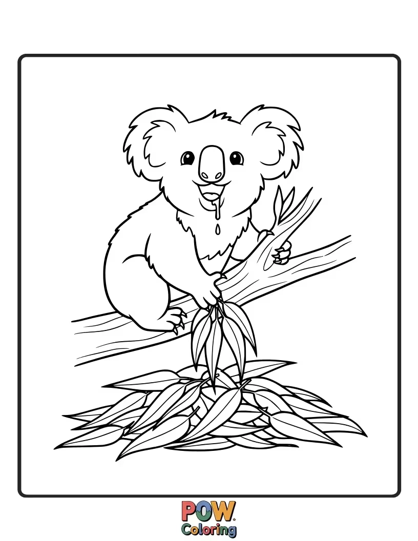 Free coloring page of This koala's eyes are glued to tasty leaves, with a bit of drool escaping its happy, open mouth.