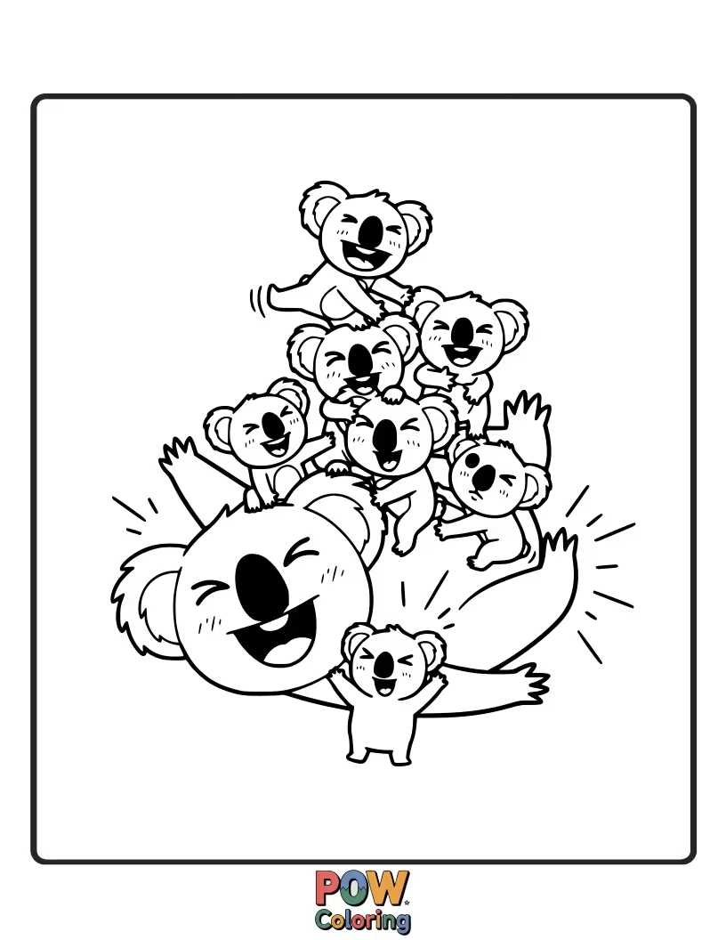 Free coloring page of Unable to contain its laughter, this koala is in a fit of giggles, tears streaming from its eyes.