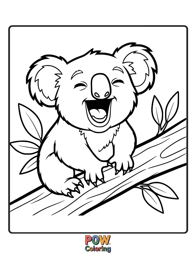 Free coloring page of This koala is doubled over with laughter, tears of joy in its eyes and a roaring, open mouth.