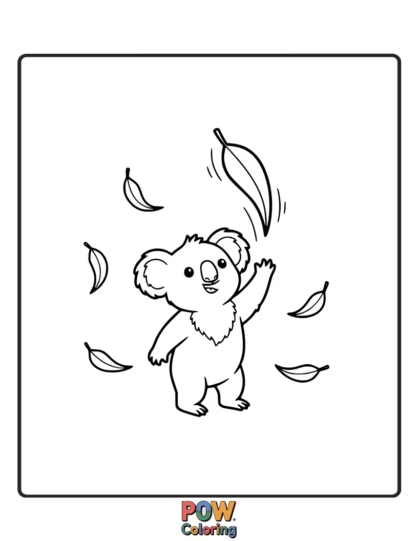 Free coloring page of This playful koala is having a blast tossing eucalyptus leaves in the air, catching them with its paws.