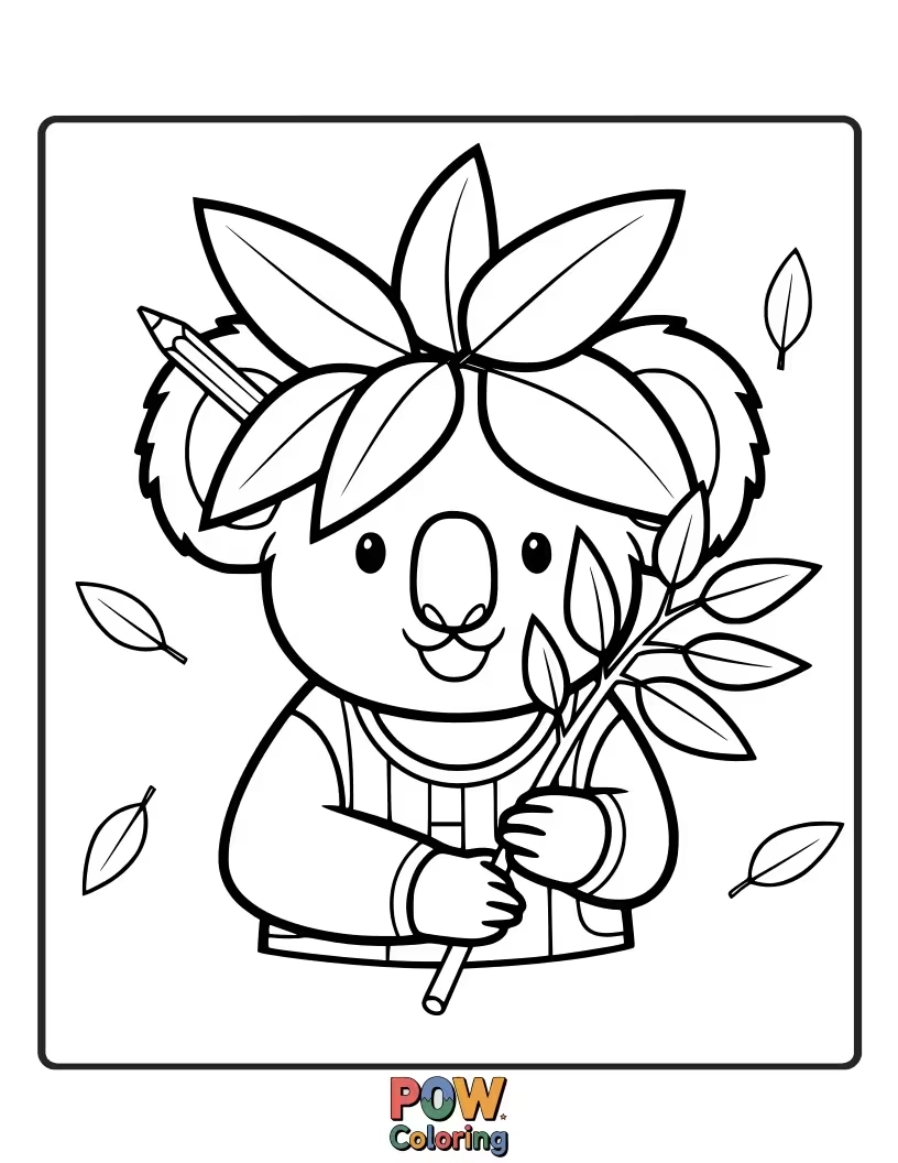 Free coloring page of This koala is proudly wearing a crown made of its favorite eucalyptus leaves, feeling like royalty.