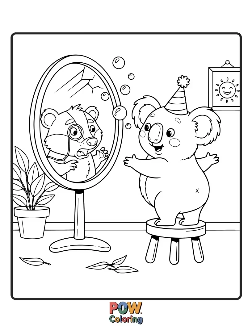 Free coloring page of Staring at its reflection, this koala is trying to figure out who this handsome creature in the mirror is.