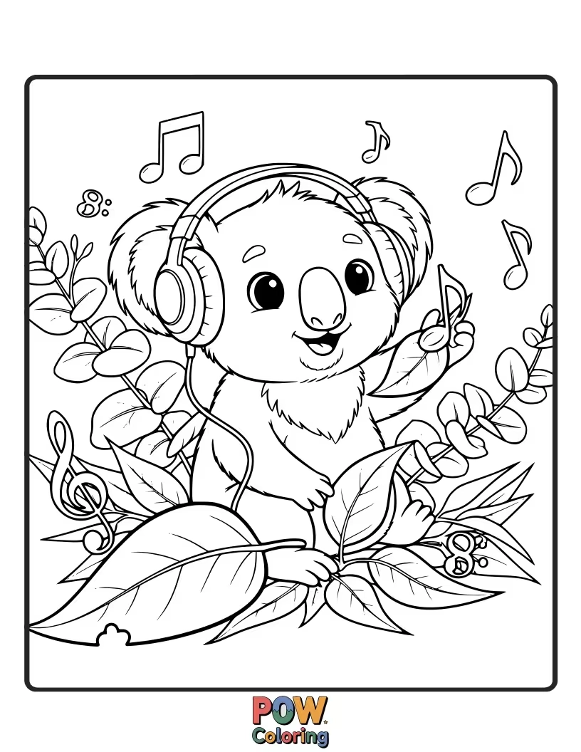 Free coloring page of This koala is happily munching on eucalyptus while playing a small ukulele, creating its own leafy jam session.