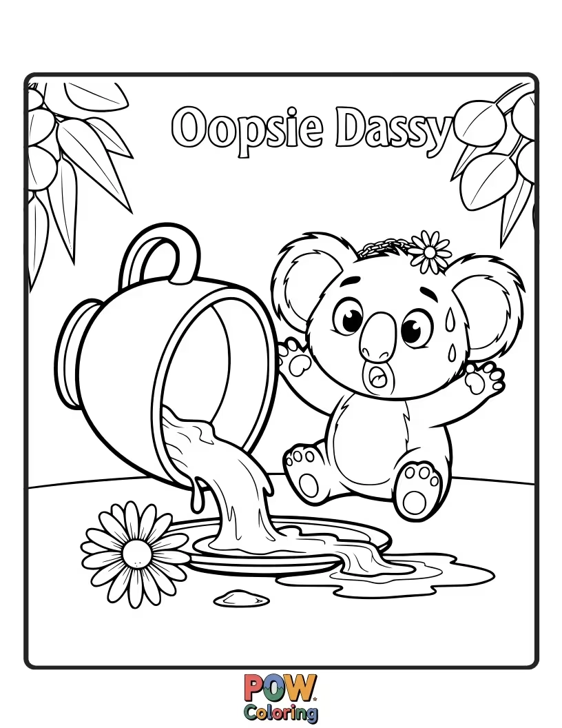Free coloring page of This koala has tripped over a root and is in a comical heap on the ground, looking sheepish.