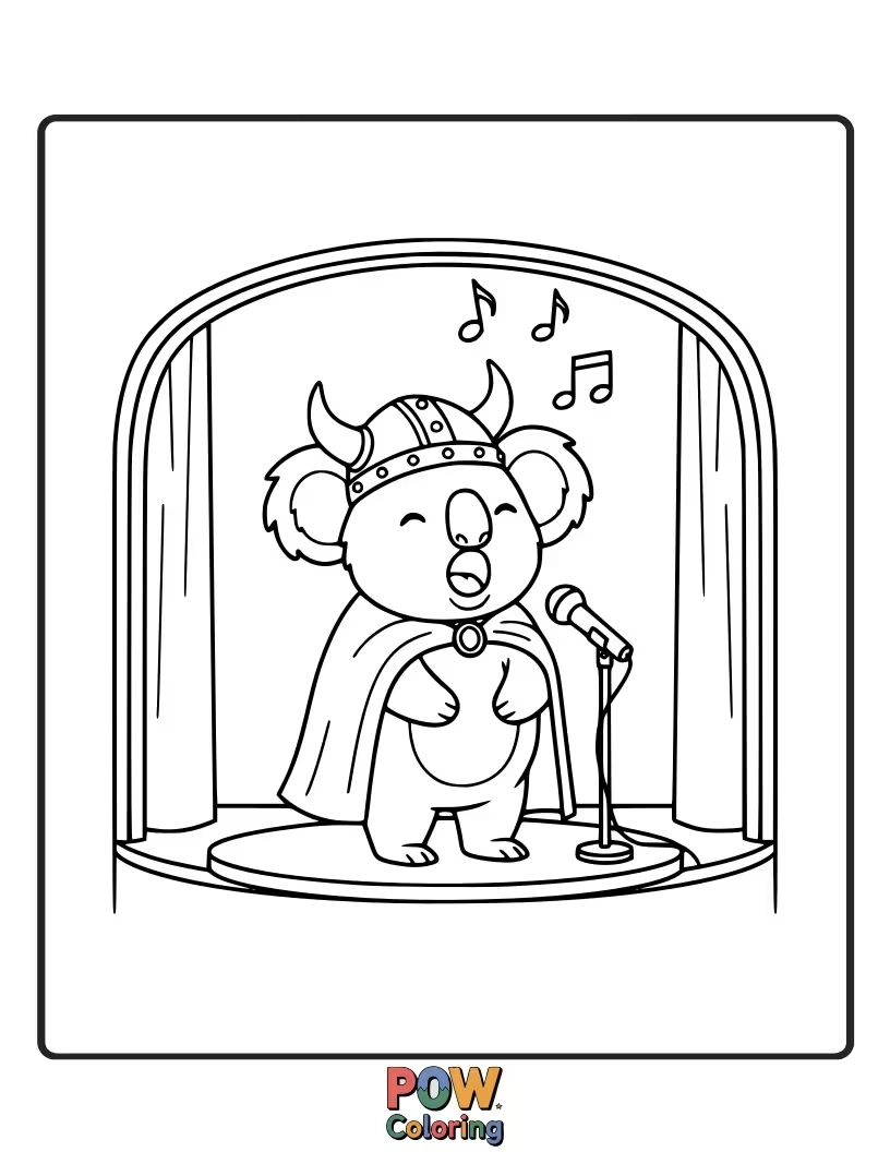 Free coloring page of Belting out a magnificent tune, this dramatic koala is giving a passionate performance, complete with a tiny bow.