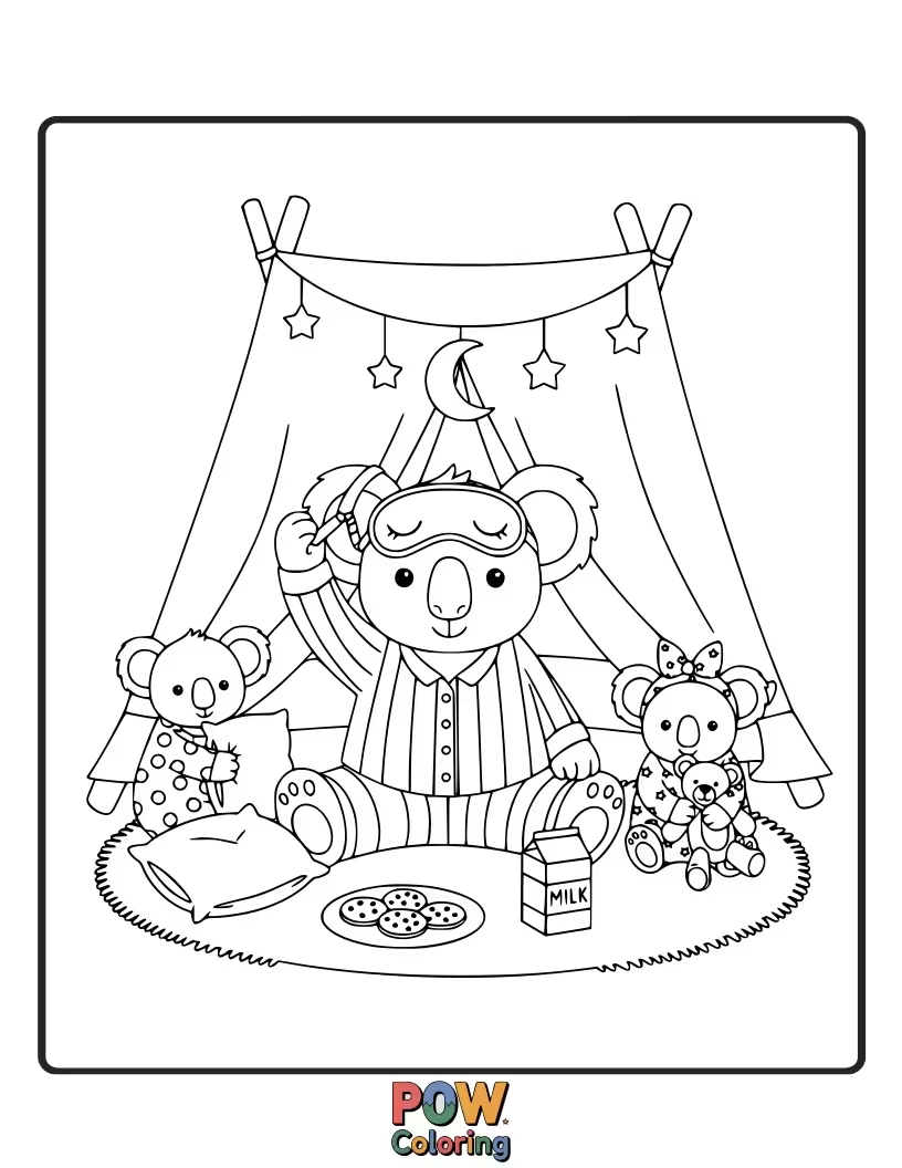 Free coloring page of Snuggled in cozy pajamas, this koala is ready for a fun night with popcorn and a good book.