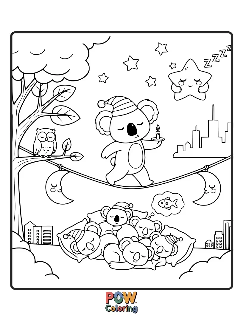 Free coloring page of This koala is sleepwalking, its eyes closed, but still managing to find its way to a tasty leaf.