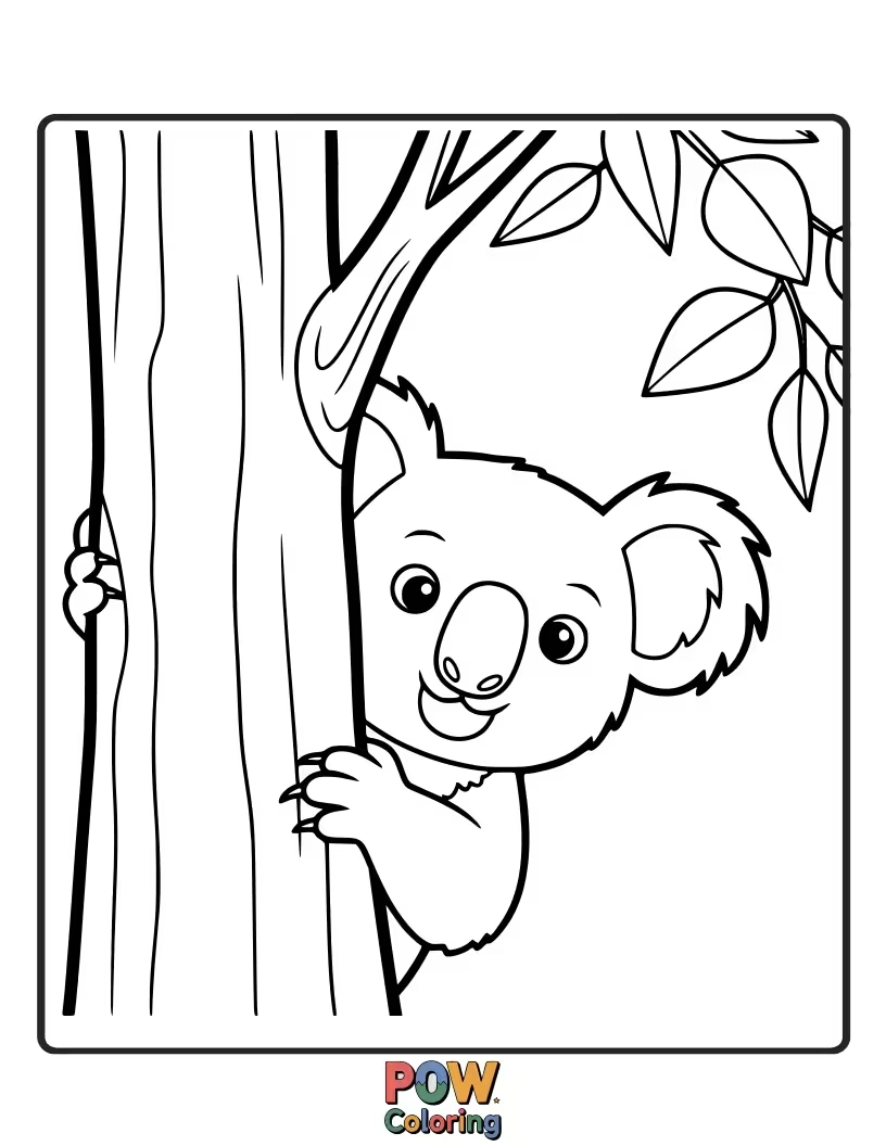 Free coloring page of This koala is peeking out from behind a large eucalyptus branch, its eyes twinkling with curiosity.