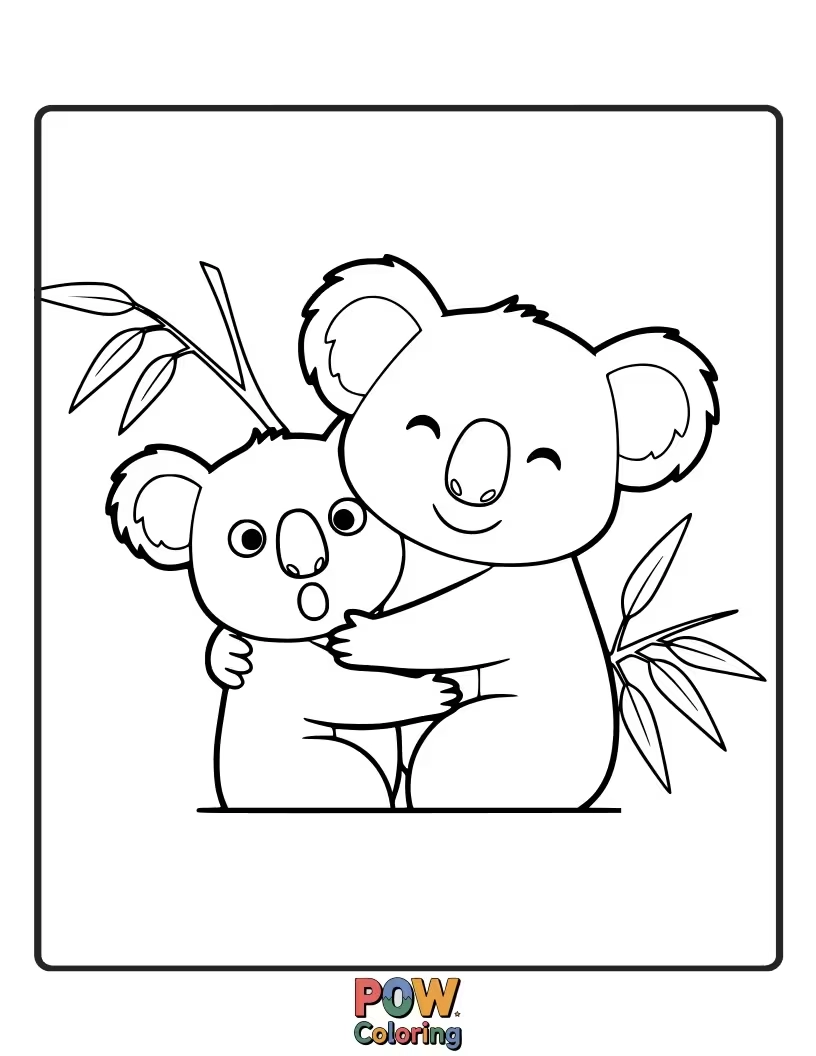 Free coloring page of This koala is giving a giant, enthusiastic hug to a surprised but happy little wombat.
