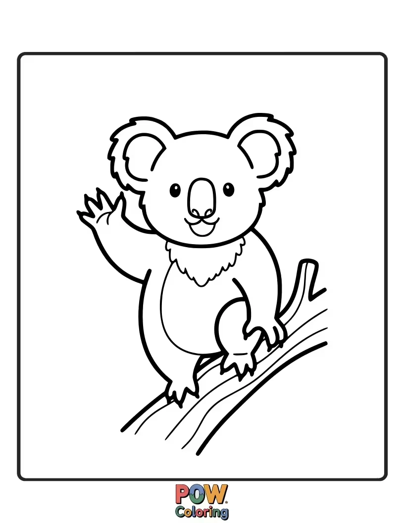 Free coloring page of A friendly koala, with a big, excited wave and a goofy grin, inviting you to color it.