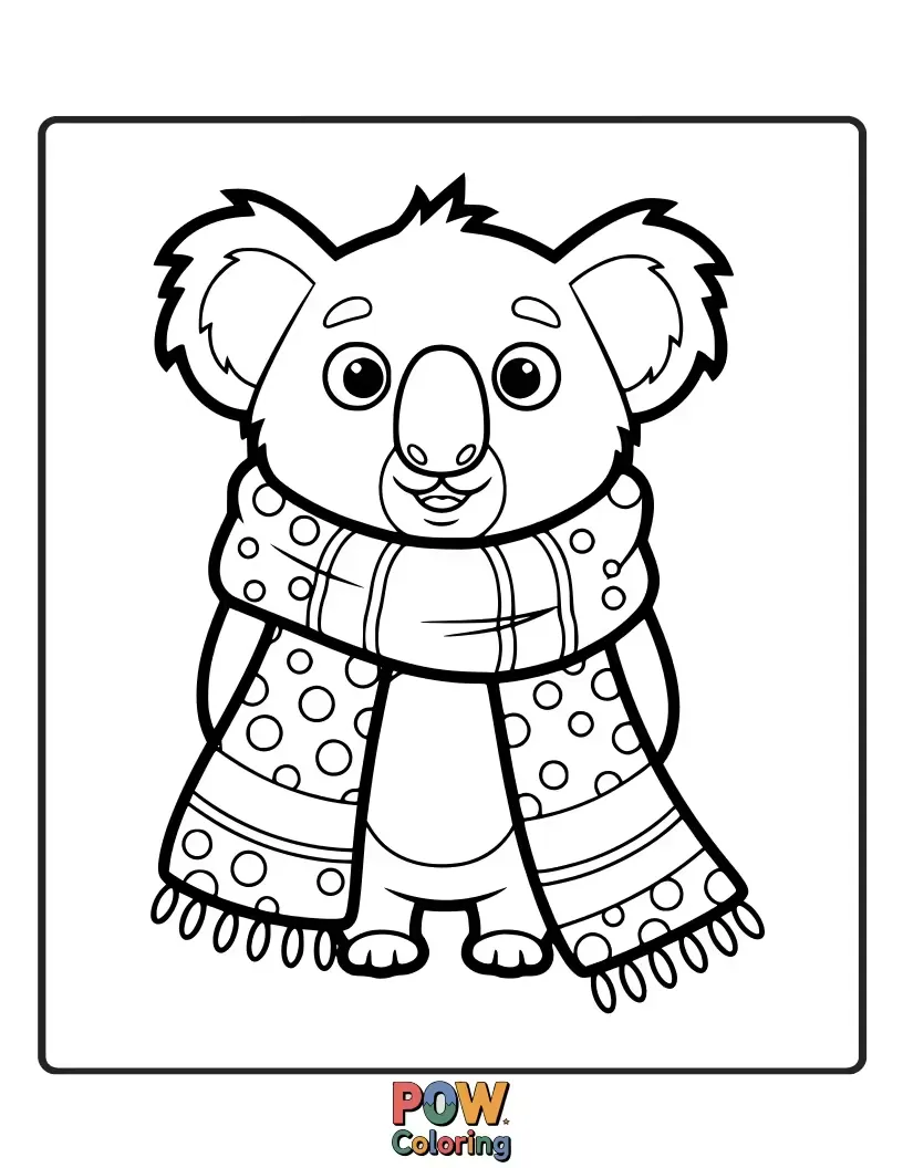 Free coloring page of A sleepy koala hugging a eucalyptus-patterned scarf. Embrace the calm and gentle nature of this unique design.