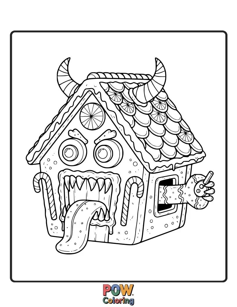 Free coloring page of A slightly spooky, slightly cheerful Krampus stands guard outside a gingerbread house decorated with candy.