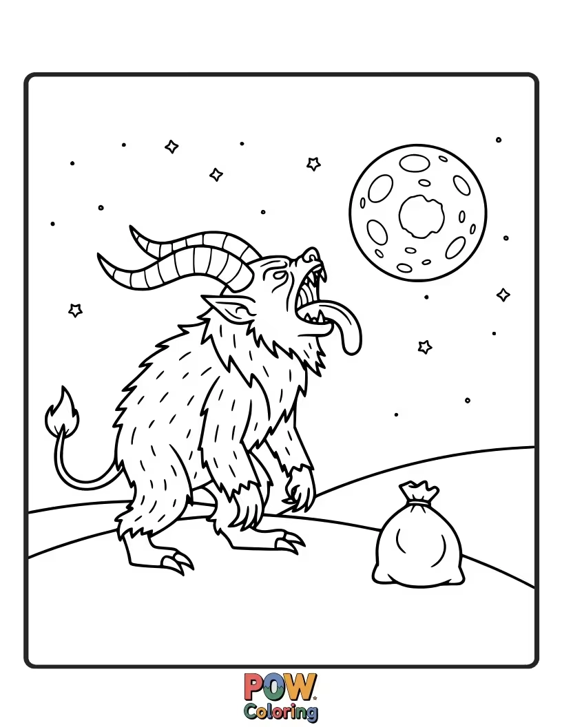 Free coloring page of A menacing Krampus with a long tongue howls at a full moon, surrounded by snowflakes.